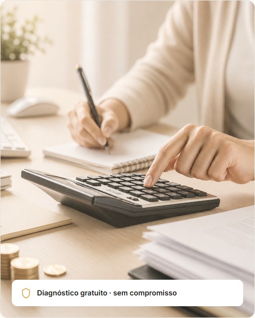 Pessoa analisando documentos e usando uma calculadora
